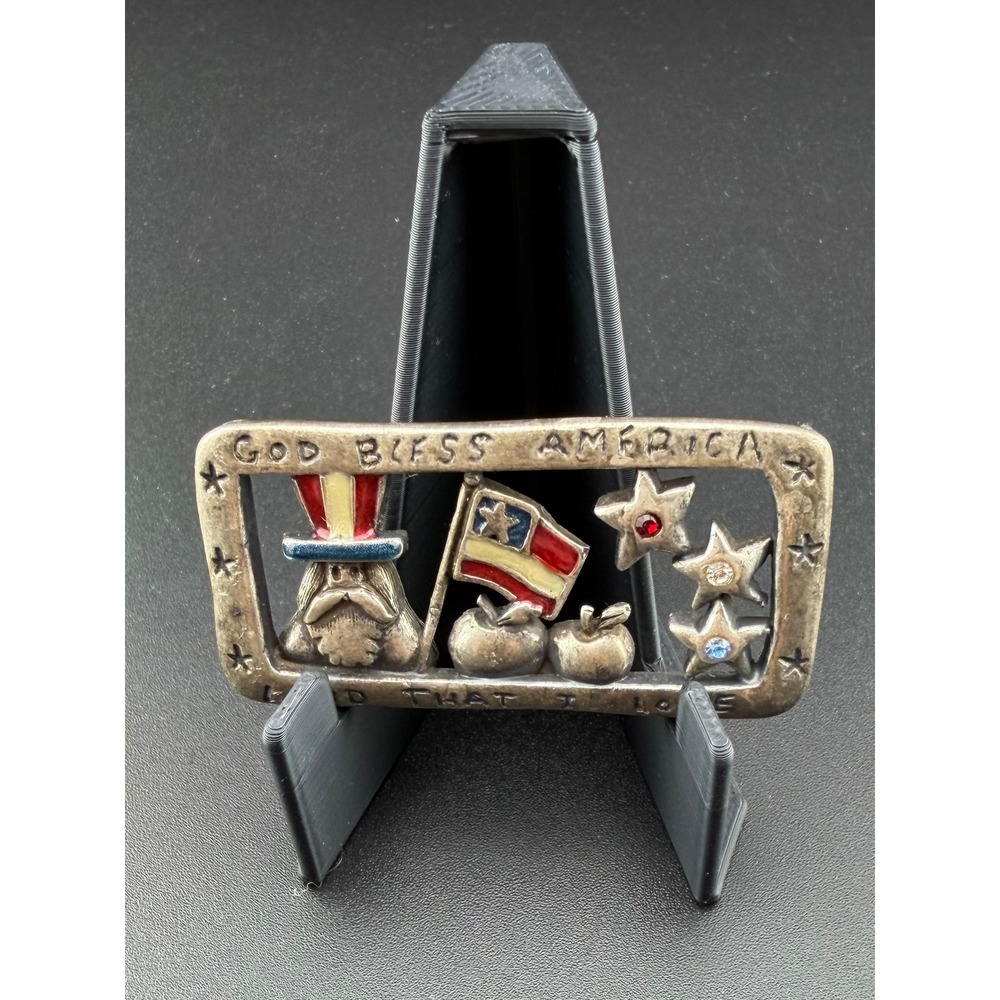 Vintage Pewter Tone Brooch God Bless America Uncle Sam Flag Stars Enamel USA